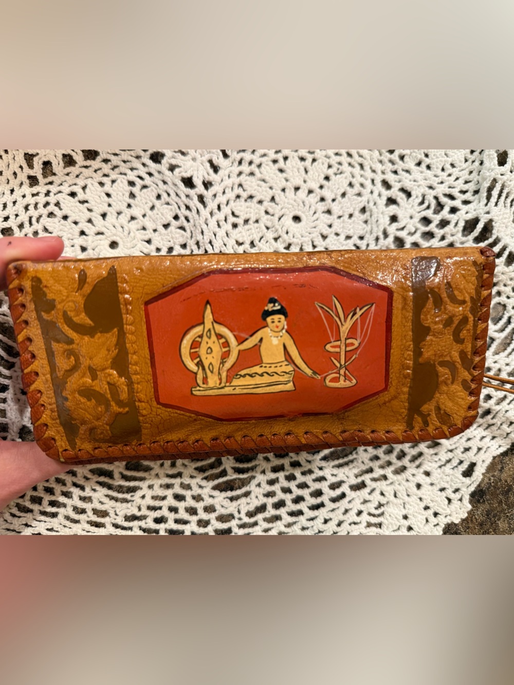 Vintage Hand Tooled Leather Clutch Wallet Thai Apsara Dancer Wristlet Mirror